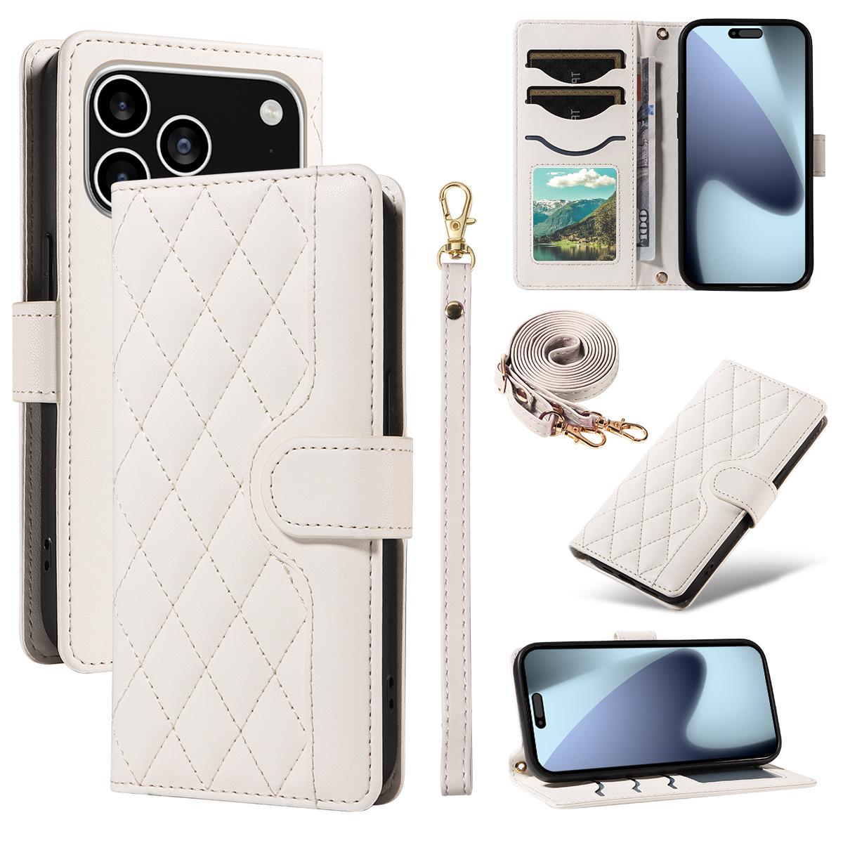 

For iPhone 17 Pro Wallet Case Rhombus Leather Phone Cover with Strap White