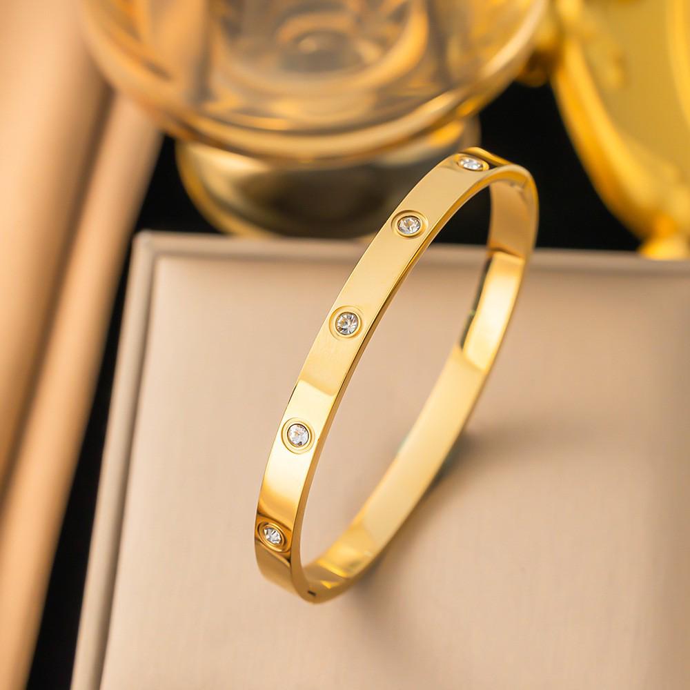 Bracciale da donna in acciaio al titanio con diamanti, placcato oro, non sbiadisce, intarsio di zirconi, alta gamma, semplice, versatile gioiello in acciaio inossidabile