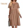 Women's Cotton Linen Summer Dress Round Neck Short Sleeve Midi Dress Loose Casual Beach Vacation Flowy Dress with Pockets
