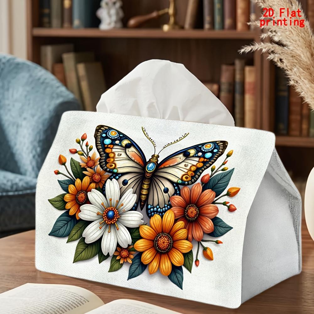 2D Flat 1pc, Tissue Box. Butterfly Floral Pattern Napkin Dispenser, Reusable, Daily Desktop Tissue Organizer, Suitable for Kitchen Living Room Bedroom