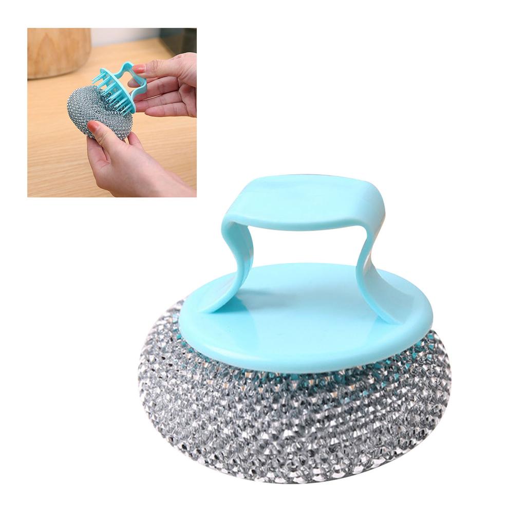 Stainless Steel Sponges with Handle Kitchen Pot Pan Dishes Cleaning Brush Wire Ball Scrubber Silver
