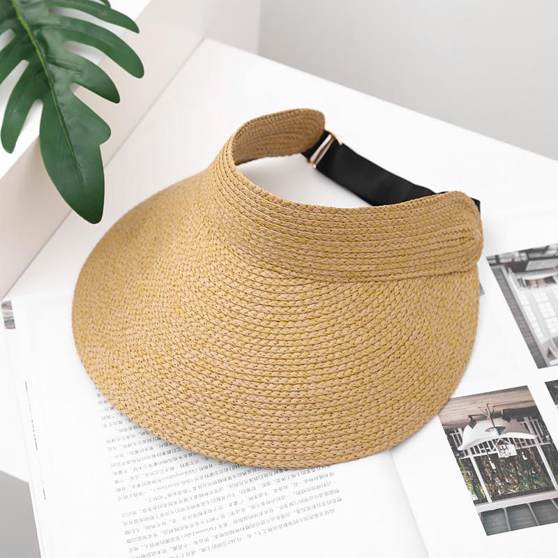 Empty Top Raffia Straw Hats For Women Korean Fashion Empty Top Riding Sun Hat Foldable Wide Brim Beach Visor Hat Sombrero Mujer 54-60cm