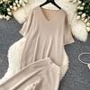 Casual and Fashionable Knit Set for Women New Summer V-Neck Short-Sleeve Sweater Tops and Wide-Leg Pants Two-Piece Sets