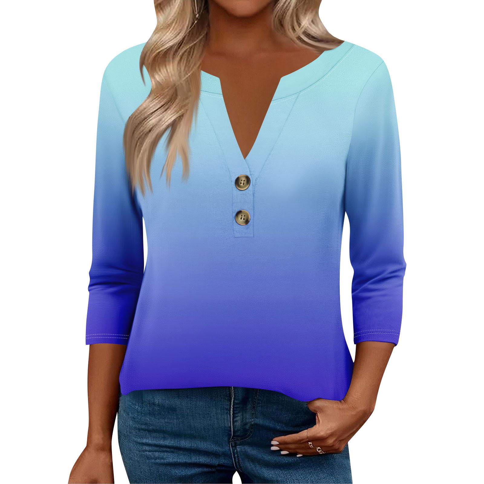 

Женские топы с рукавом 3/4 для женщин, топы хенли на пуговицах с V-образным вырезом, нарядные летние женские топы свободного кроя L синий