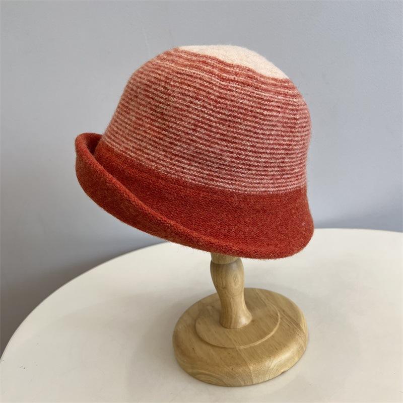 

Wool knitted horizontal striped front upturned basin hat women winter warm literary lady fashion dome bucket hat M（56-58cm） помаранчевий