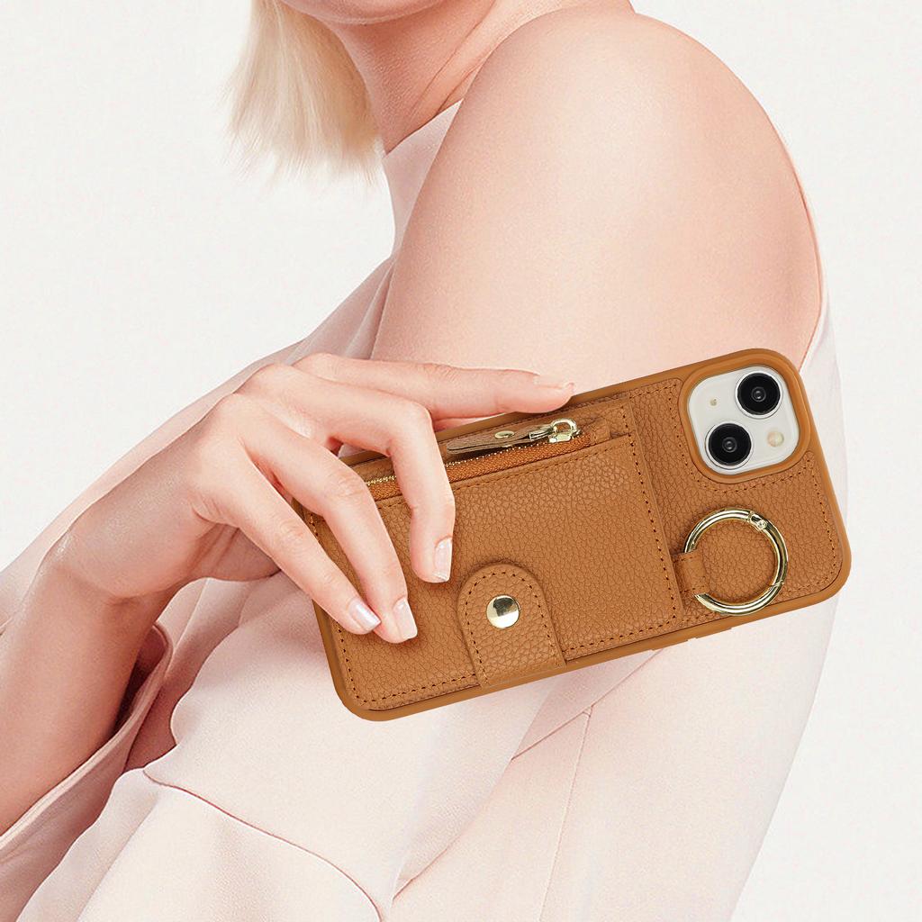 For iPhone 14/13 Case Litchi Textured PU Leather + TPU Kickstand Phone Cover with Card Slot