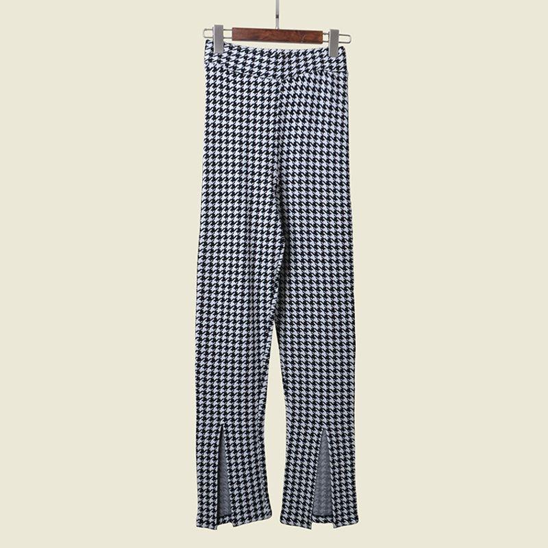 

Split Plaid Trousers Design High Waist Houndstooth Straight Ice Silk Trendy All-Match Knitted Casual Pants Women Black White L