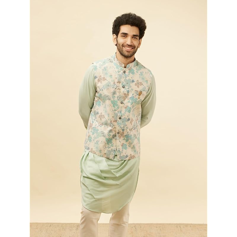 Manyavar Mens Beige Blended Linen Printed Kurta Trouser Jacket Set