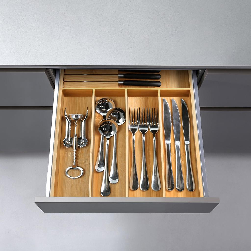 VaeFae Besteck-Organizer aus Bambus, Schubladen-Geschirrhalter, Besteckkasten aus Holz mit Trennwänden für Küchenschubladen, Küchen-Organizer mit Messerblock