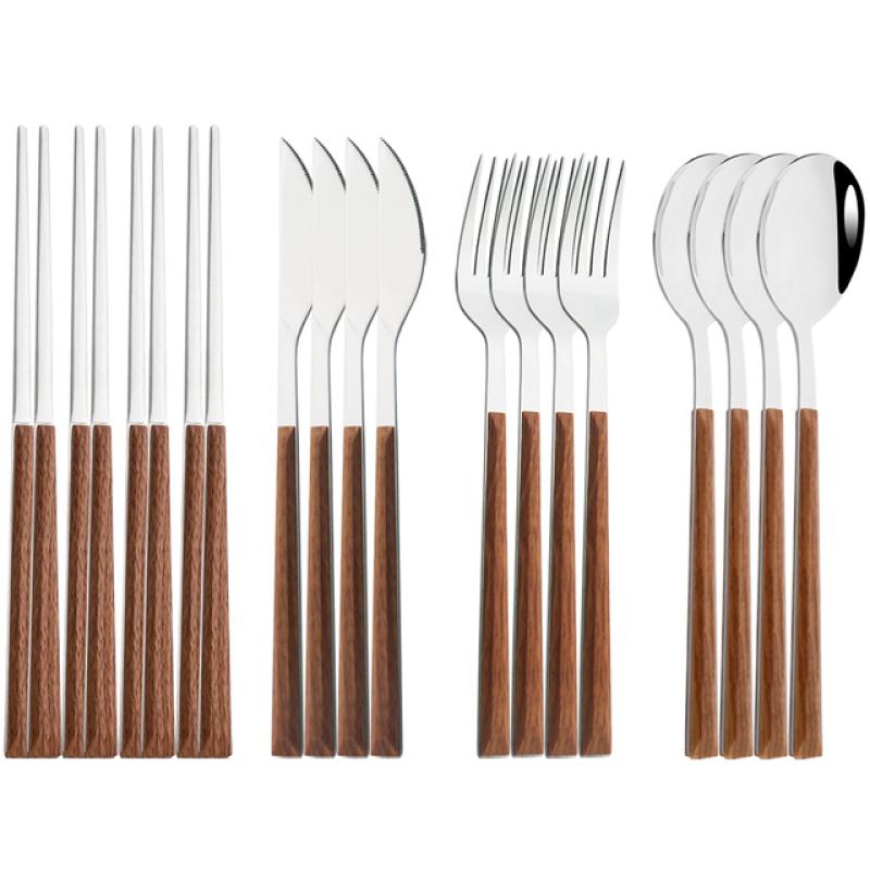 12/16Pcs Geschirr Set Nachahmung Holz Griff Besteck Set Stäbchen Messer Gabel Löffel Geschirr Set Koreanische Besteck
