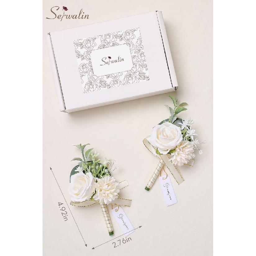 Serwalin 2 Pcs White Boutonniere for Men, Groom Groomsmen Best Man Guest Boutonnieres, Artificial Flowers Silk Rose for Wedding Prom Ceremony