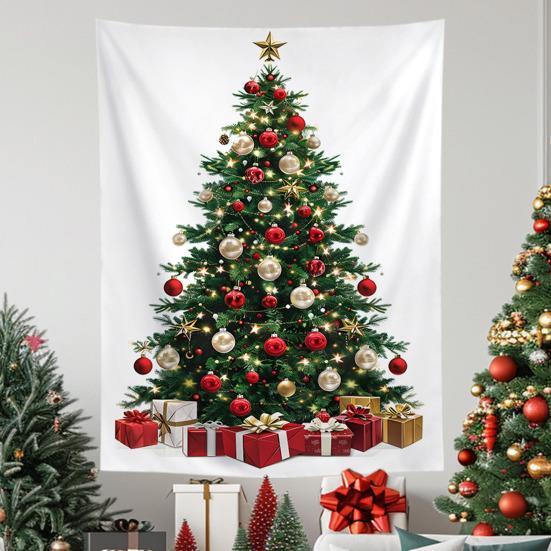 Festive Window Hanging Merry Christmas Tapestry, Wall Fabric Backdrop, Xmas Tree Winter Holiday Party Scene Decoration Art for Living Room,