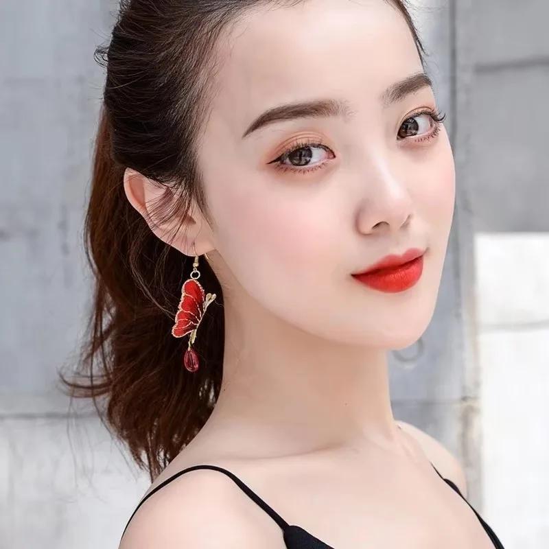 1 Pair Embroidered Butterfly Handmade Earrings Green Water Drops Colored Glazed Nature Stones Earring Green Cheongsam Jewelry