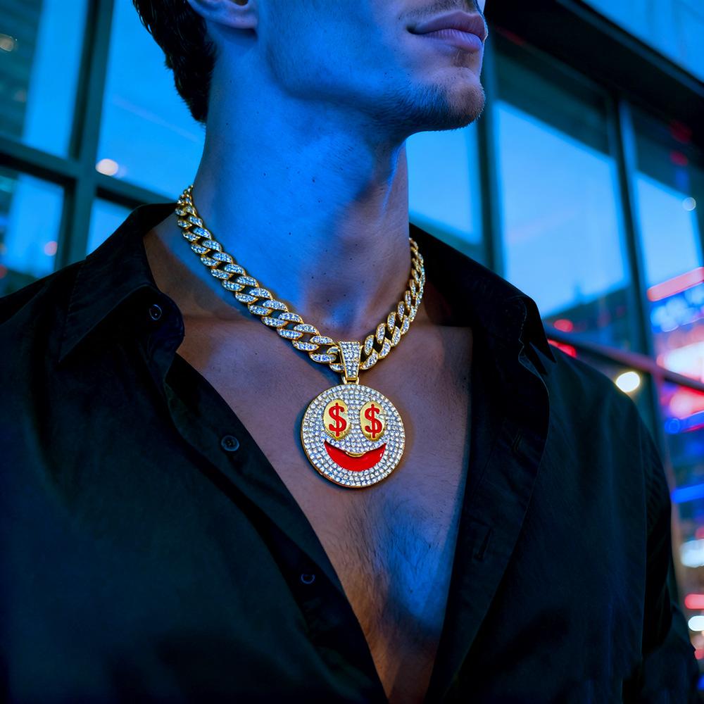 Hip Hop New Product Full Diamond Smiling Face USD Alloy Pendant Personalized European and American Men's Cuban Chain Rock Bounce Di Necklace