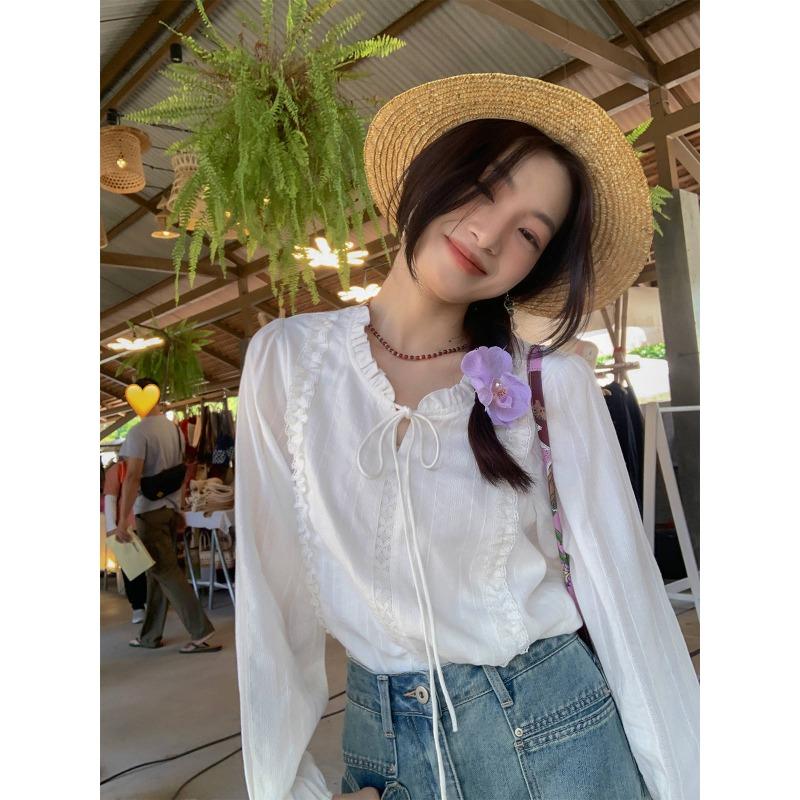 Женская белая рубашка с кружевным воротником, ранний осенний стиль, маленькая шикарная, нежная женская рубашка S белый