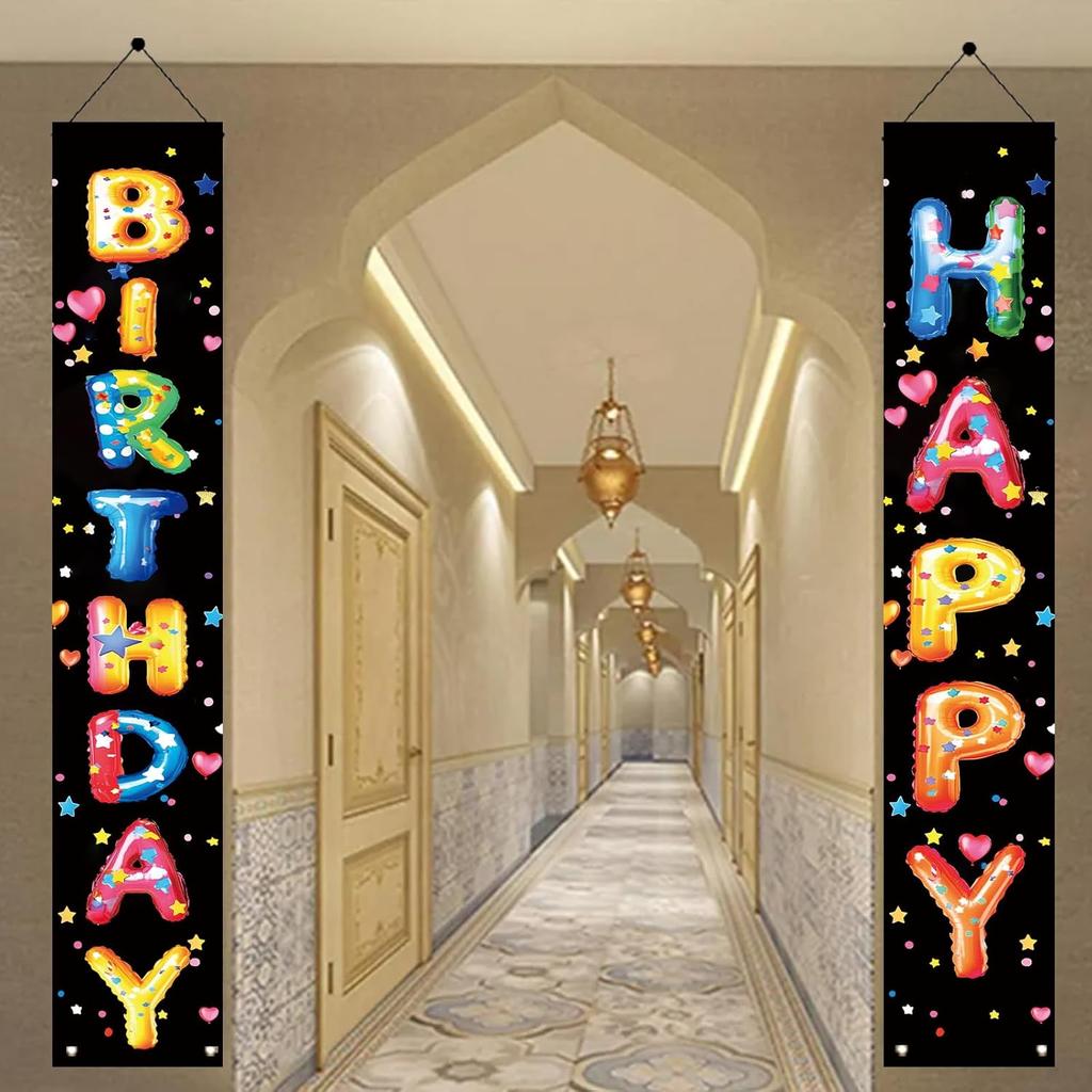 2PCS Happy Birthday Porch Hanging Banner Porch Sign Colorful Balloon Letters Party Decorations Birthday Party Supplies Door Banner Wall Hanging for