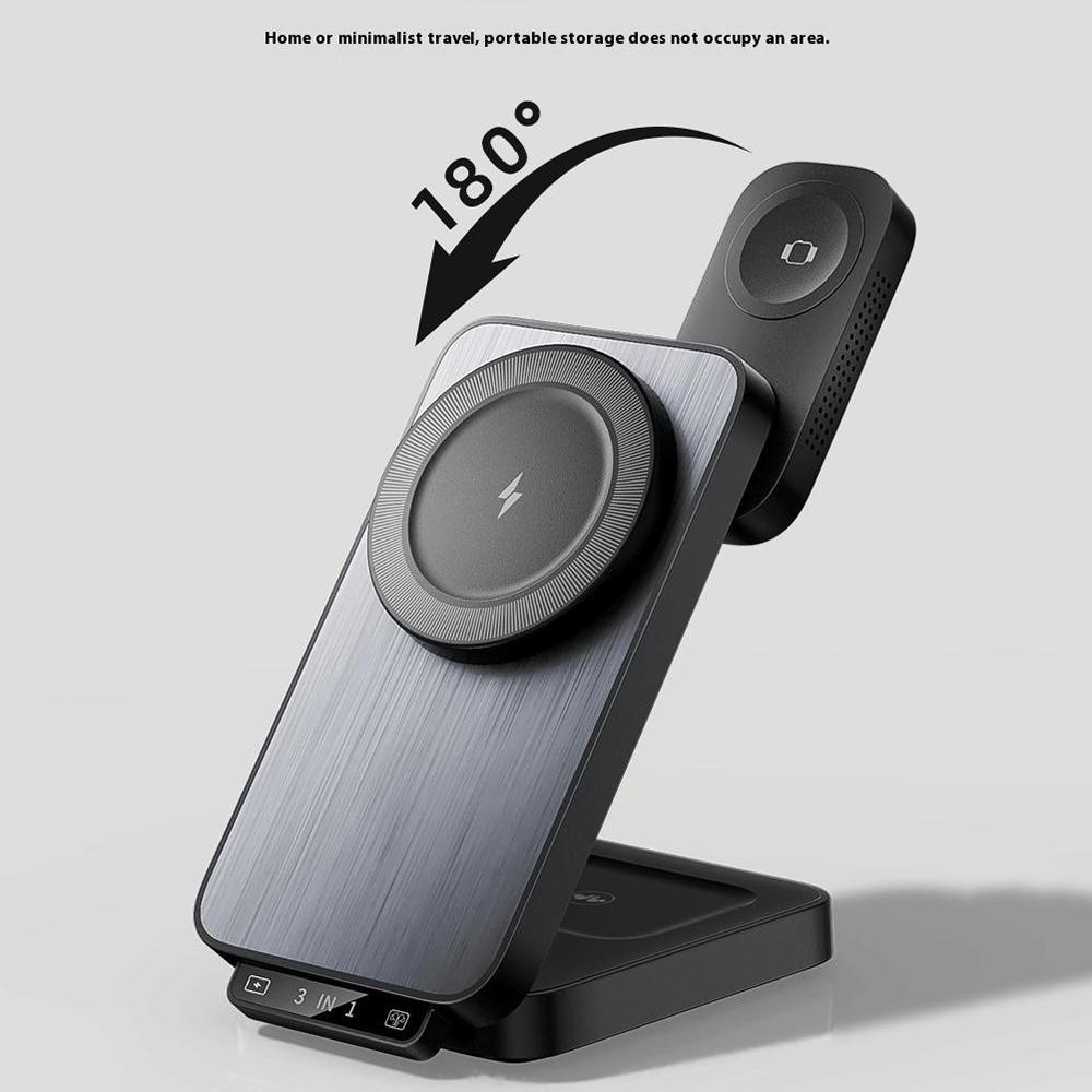 HT-545 Foldable Magnetic Wireless Charger with Night Light 3 In 1 15W Fast Charging Station for Phone/Earbuds/Watch