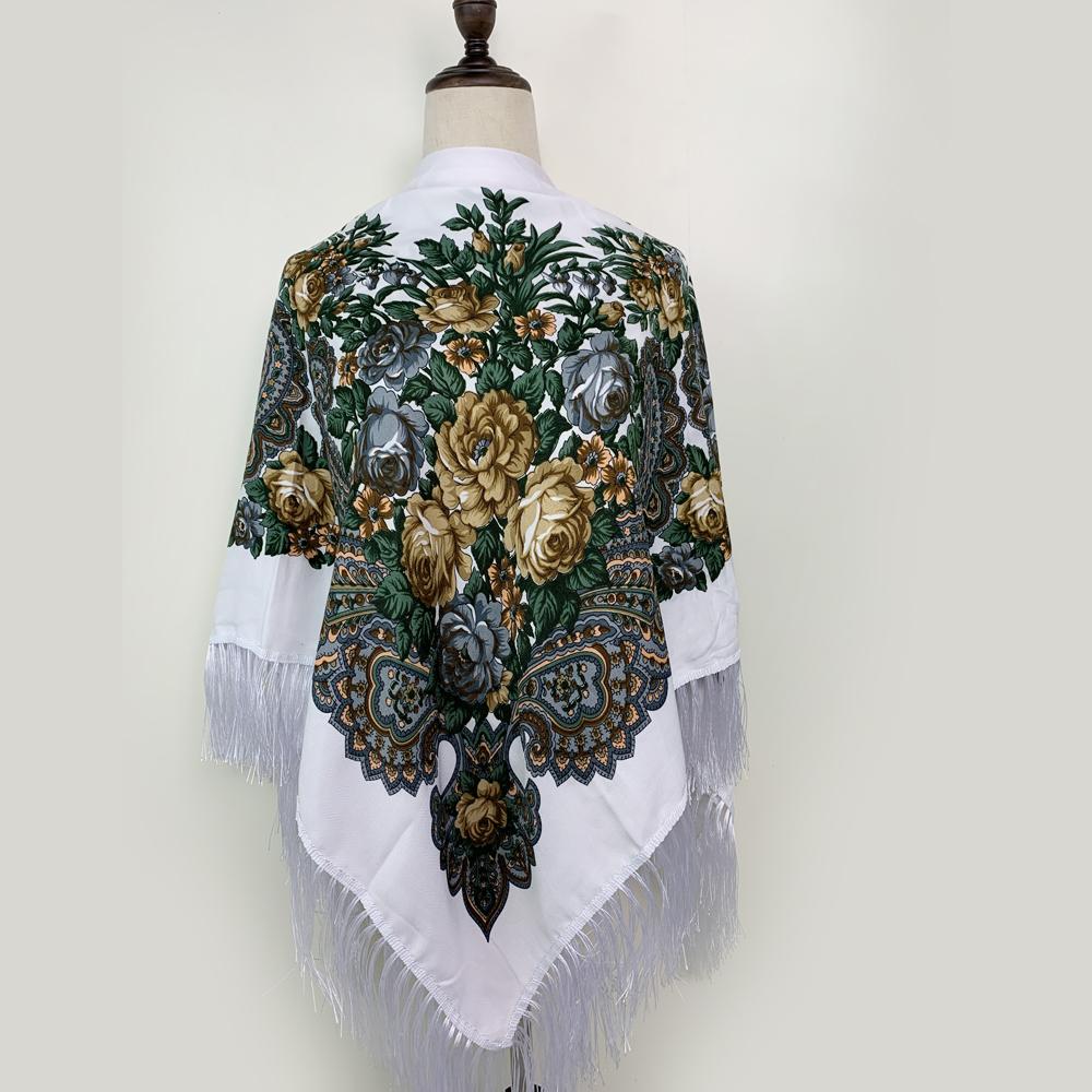 135*135Cm Russian Style Square Scarf For Women Luxury Floral Print Bandana Head Scarves Lades Fringed Shawl Headwraps Foulard