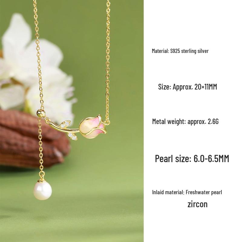 Romantic S925 Silver Tulip & Freshwater Pearl Necklace Clavicle Pendant Gift for Her