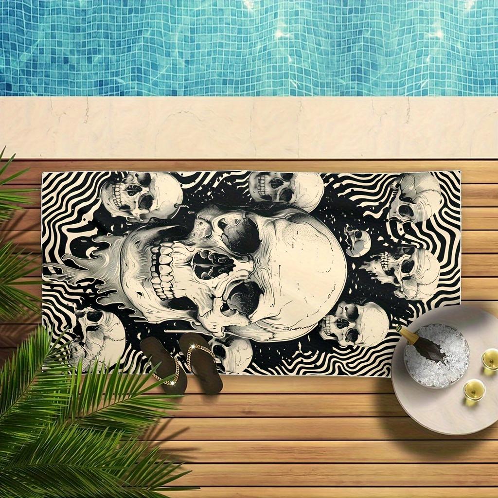Edgy Skull and Wavy Lines Print Bath Towel - Perfect for Summer Vibes, Ultra Soft and Absorbent, Quick Dry, Stylish Design