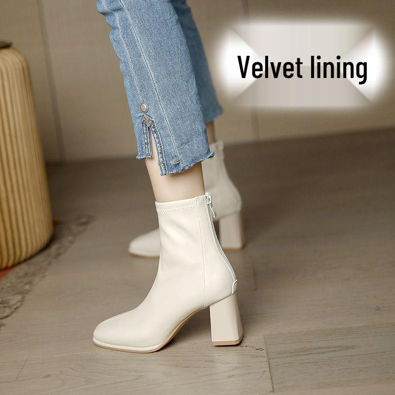 White Velvet-Lined Square Toe Chunky Heel Ankle Boots for Women - Trendy Slimming French Leather High Heels