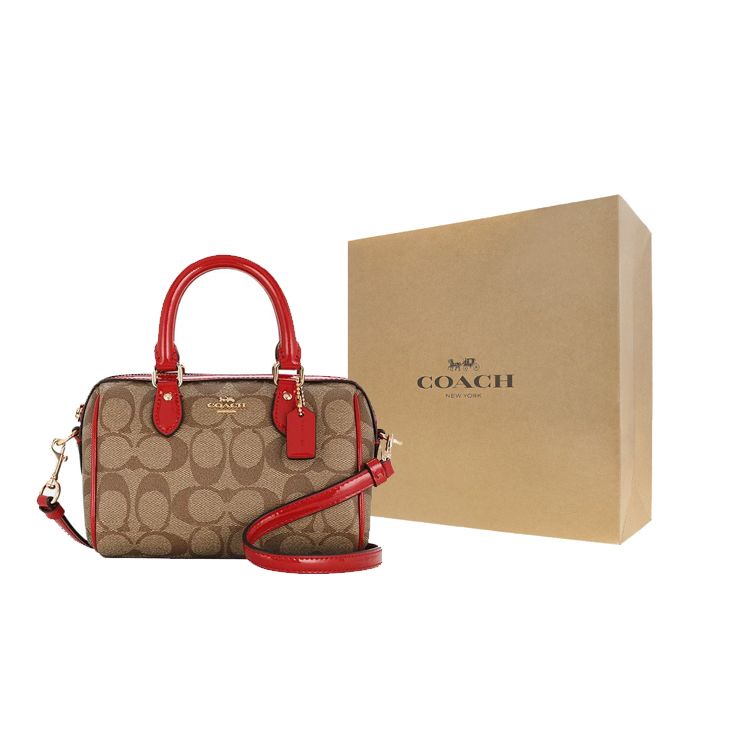 Coach Cutie 18 Chei Clasice Monogram Accesorii PVC Piele Geantă Boston Geantă de mână Geantă de umăr Geantă mică de damă Maro Roșu CN751-IMVGQ