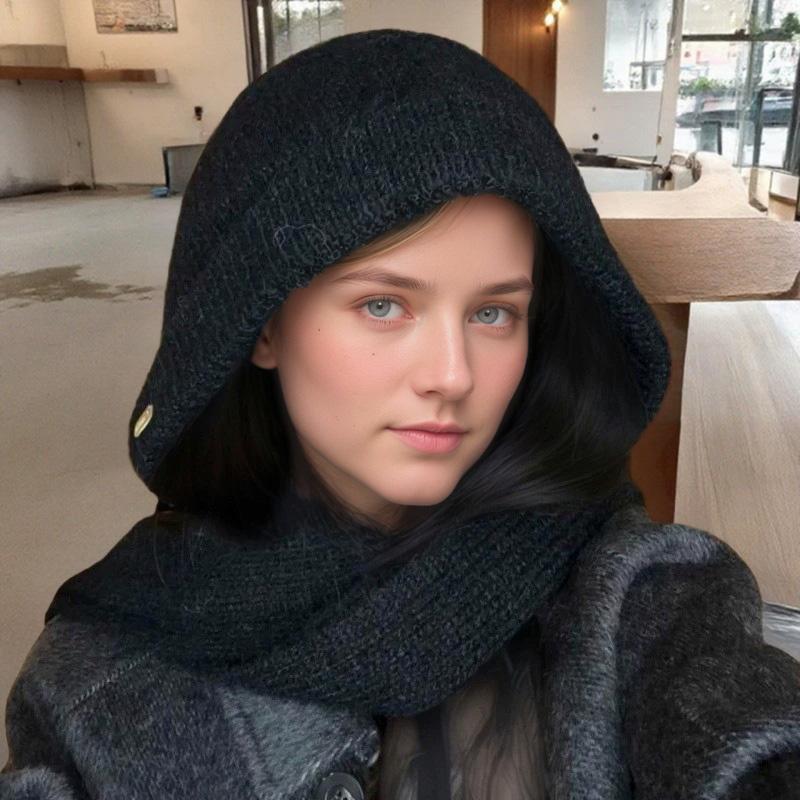 1Pc Solid Color Thicken Hat Cold Protection Integrated Keep Warm Shawl Buckled Knit