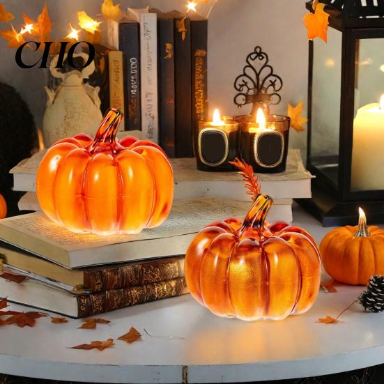 Autumn Table Decor 2Pcs LED Glass Pumpkin Set Starry Night Design Halloween Lamp Thanksgiving Lighted Lantern Indoor Fall Decoration Charming