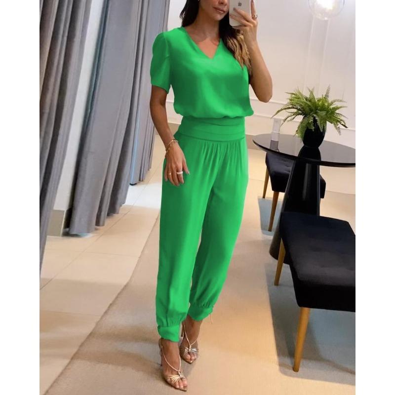 YYFS Women's Fashion Casual Summer Spring Colour Block Print Short Sleeve V-Neck Trousers Pants Suits