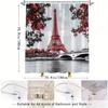 Paris Eiffel Tower Shower Curtain - Red Filtered Photo Art, Leafy Branches, Autumn Hues, Water-Resistant Polyester