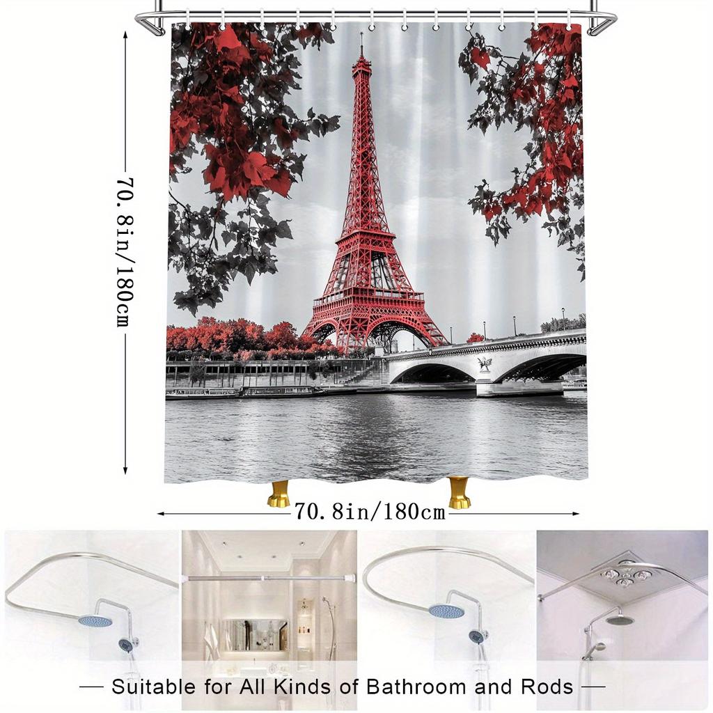 Paris Eiffel Tower Shower Curtain - Red Filtered Photo Art, Leafy Branches, Autumn Hues, Water-Resistant Polyester