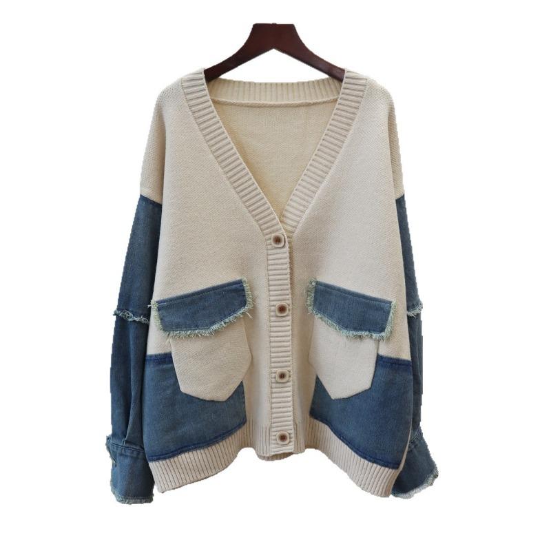 Autumn and winter new splicing denim knitted cardigan design sense loose casual lazy wind sweater jacket women