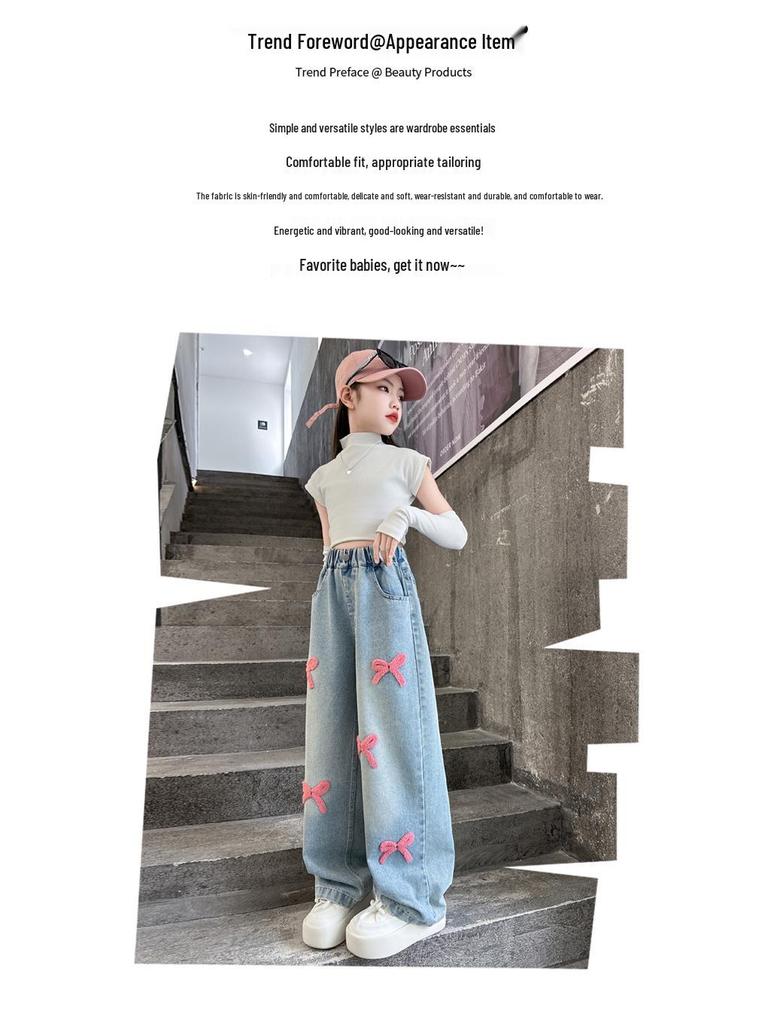 Girls' Chenille Bow Embroidered Fleece-lined Wide-leg Jeans - Stylish Autumn/Winter Slimming Pants