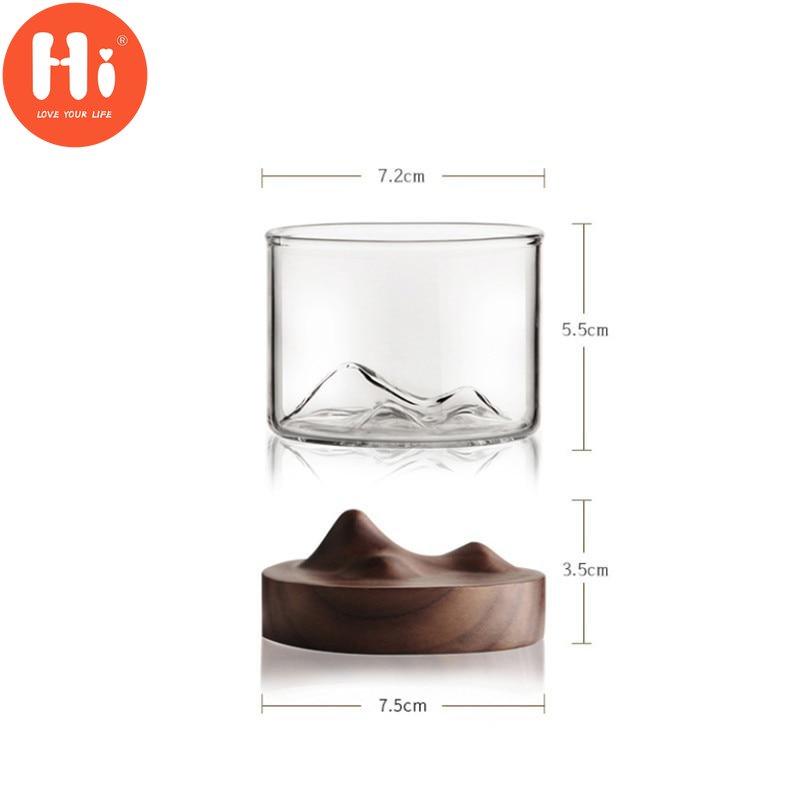 Hi 120ML Transparent Mountain Whiskey Glass with Wooden Base Heat Resistant Beer Glass Wine Water Tea Cup Set Bar Drinkware