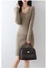 Women's Mid-Length V-Neck Pure Wool Ribbed Dress - Autumn/Winter Slim-Fit, Waist-Cinched, Versatile Knitted Base Layer.