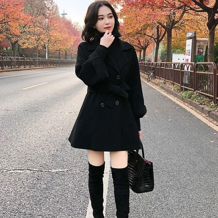 

Вовняне пальто. Жіноча осінь-зима. Нова модна тонка універсальна повсякденна вовняна куртка. Жіночий двобортний верхній одяг на талії. 2XL чорний