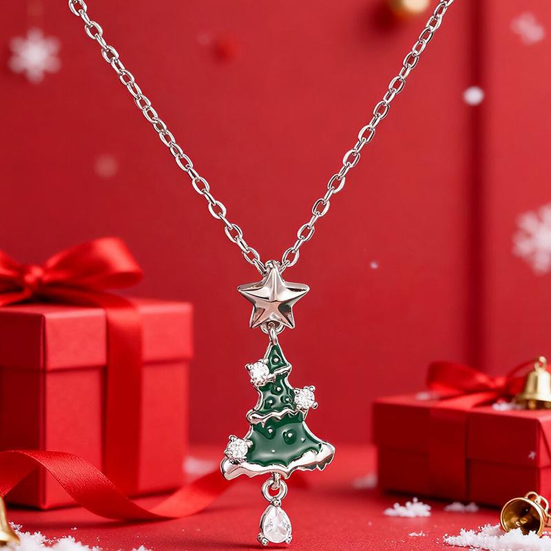 Star Top Green Enamel Christmas Tree with Accent Stones Drop Gem Pendant Women Clavicle Necklace