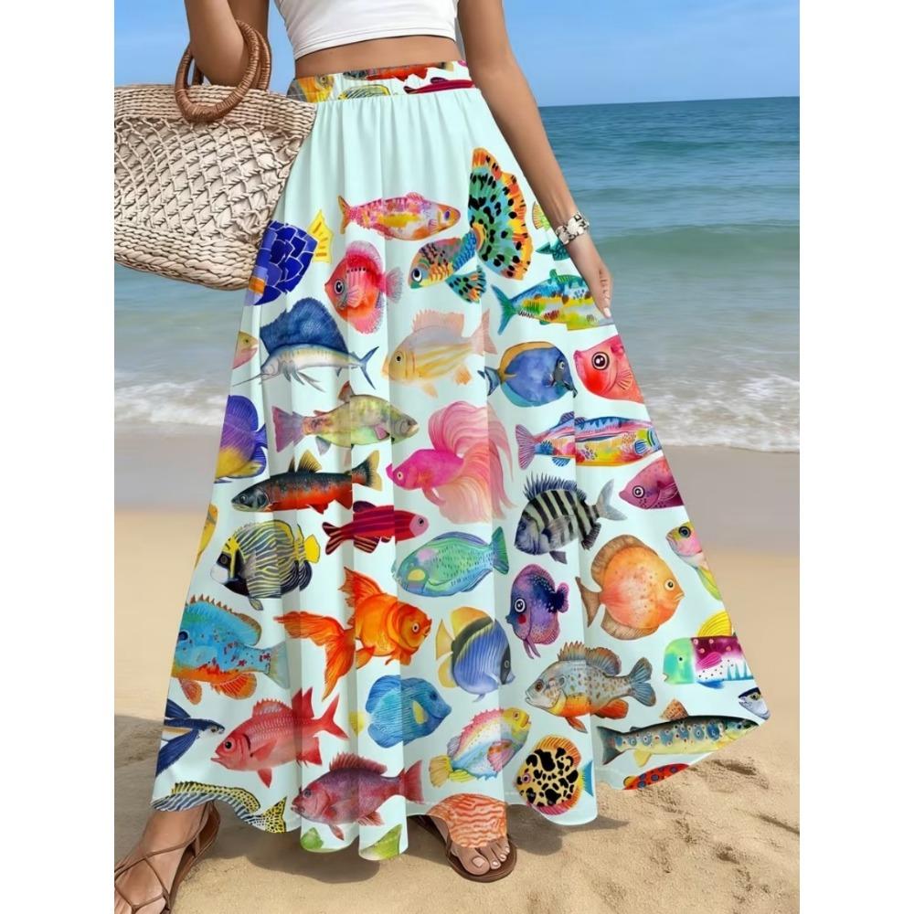 2026 Spring/Summer Women's Half Length Skirt Printed Elegant Elastic Waist, Different Country Fake Wind Beach Skirt Women's Wear
