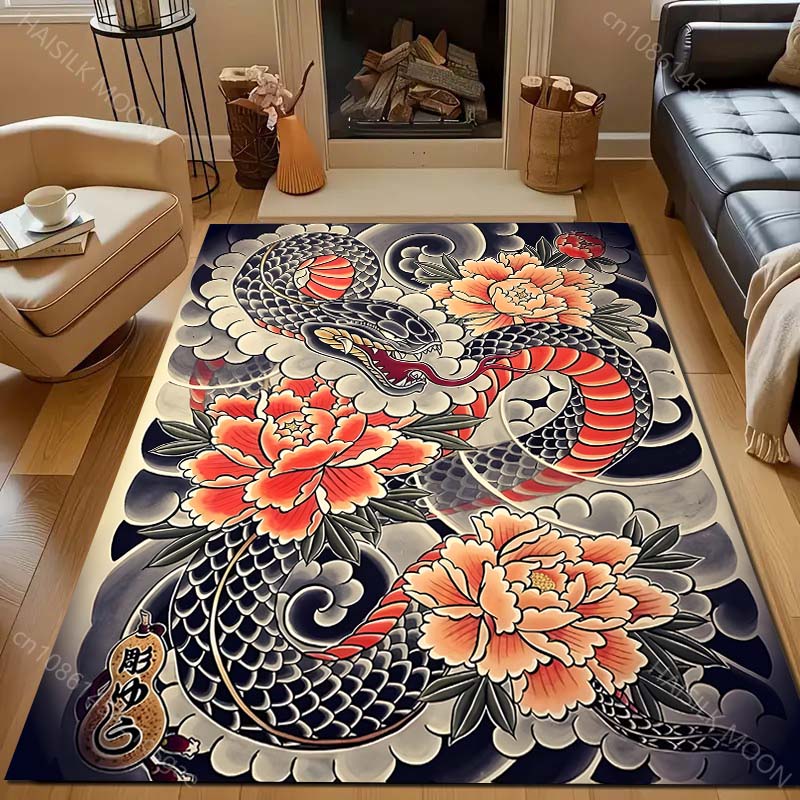 Snake Japanese Tattoo Art Print Carpet for Living Room Bedroom Bedside Sofa Floor Mat Modern Home Decor Area Rug Large Size