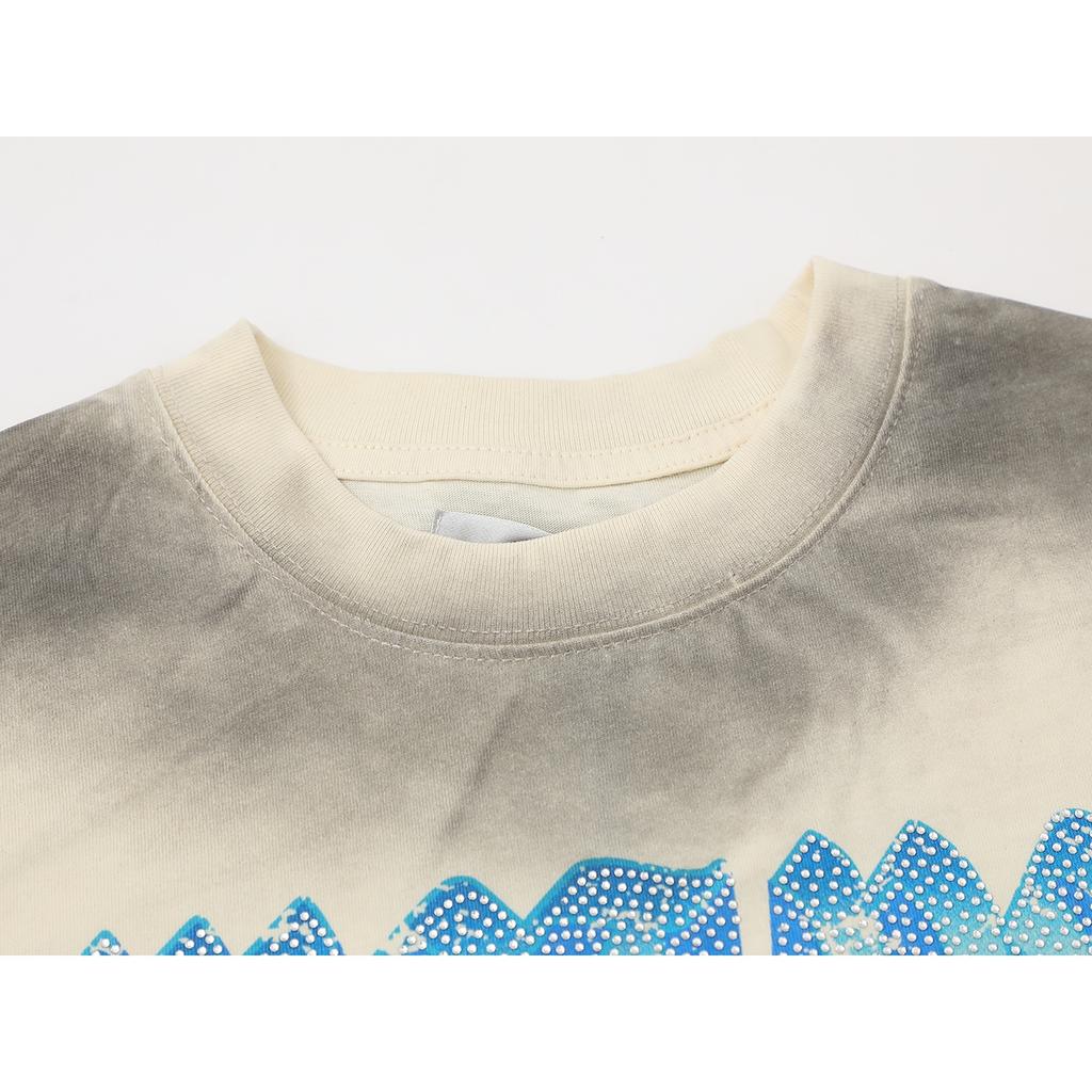 T-shirt Unisex Vintage Lavata, Stampa Madonna & Angeli con Lettere di Strass, Maglietta Oversize Streetwear