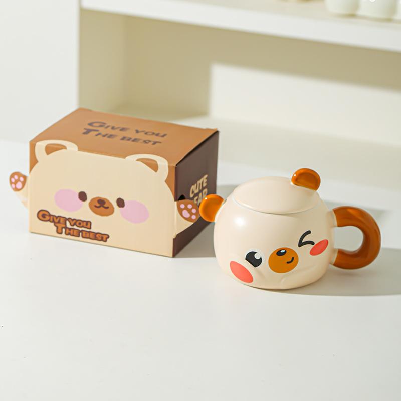 

Креативная керамическая чашка с крышкой с мультяшным медведем для дома, для завтрака, детская, парная чашка, сувенирный подарок, кружка высокой ценности 301-400ml