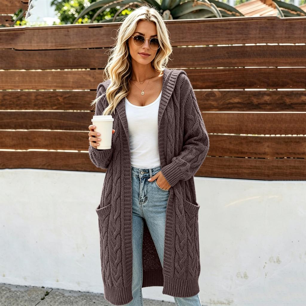 Women's Long Knit Cardigan with Hood - Long Sleeve Sweater Coat with Pockets