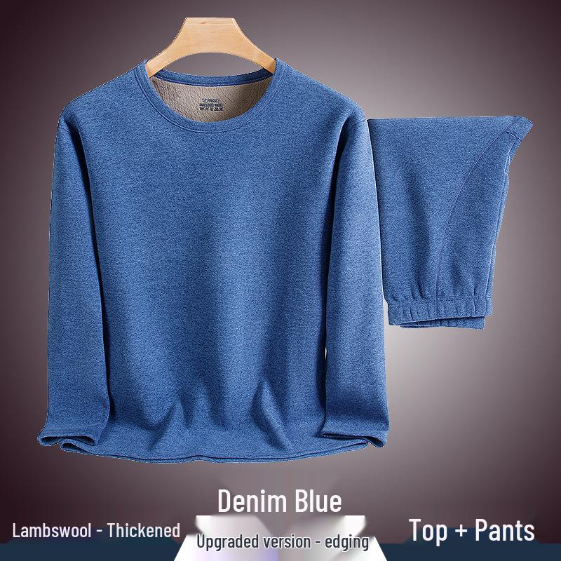 Conjunto de Roupa Íntima Térmica Masculina - Veludo Espessado, Gola Redonda, Cor Sólida, Camada Base de Lã de Cordeiro para Outono e Inverno.