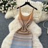 Sommer Damen Spaghetti Träger Gestreifter Strickpullover Langes Maxi Urlaubs Kleid