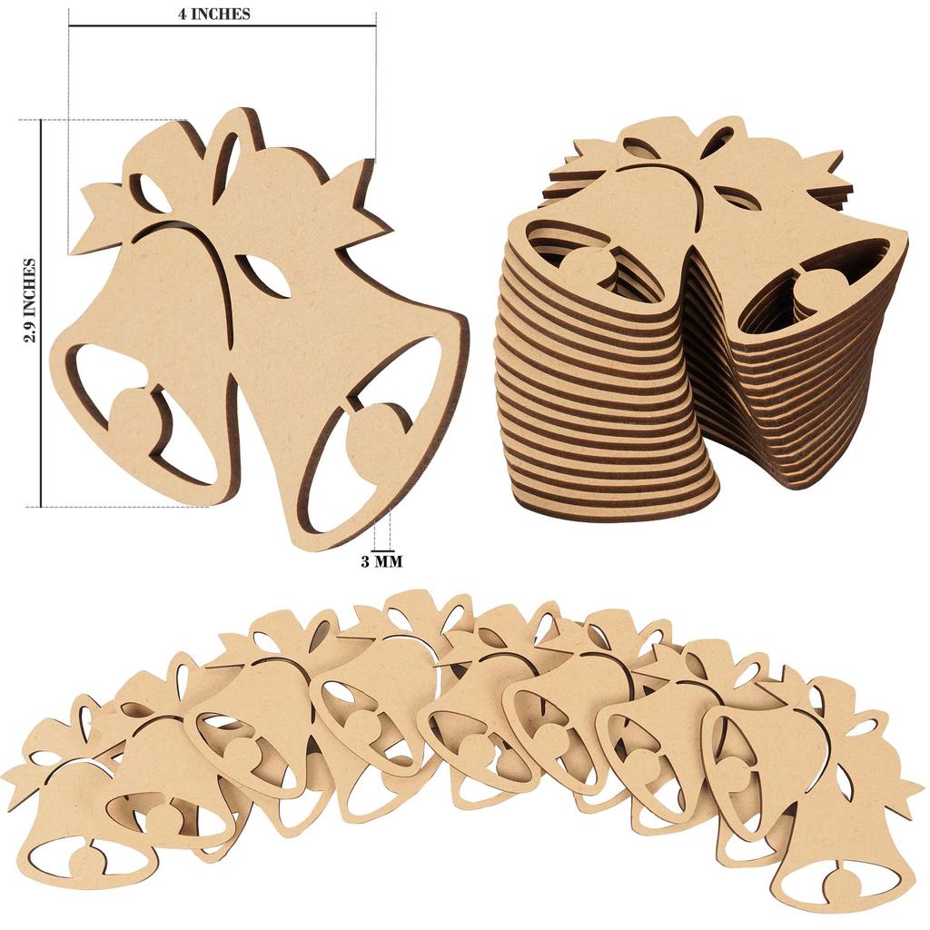 Inkdotpot 40pcs Bell Wooden Ornament with Holes 3.5" Unfinished Predrilled Natural Wood Slices for Crafts Wooden DIY Christmas Ornaments Hanging Ropes