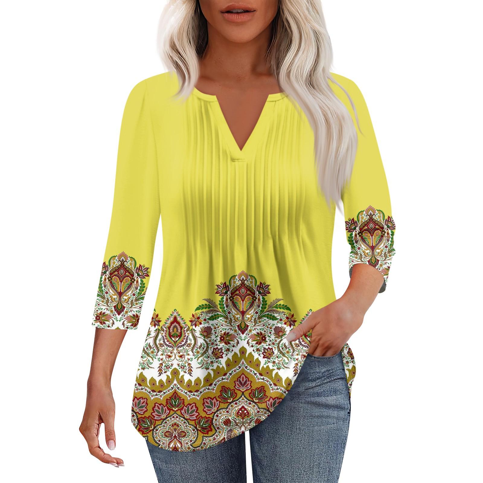 

Женская модная повседневная плиссированная футболка с V-образным вырезом и рукавом семь четвертей XL жёлтый