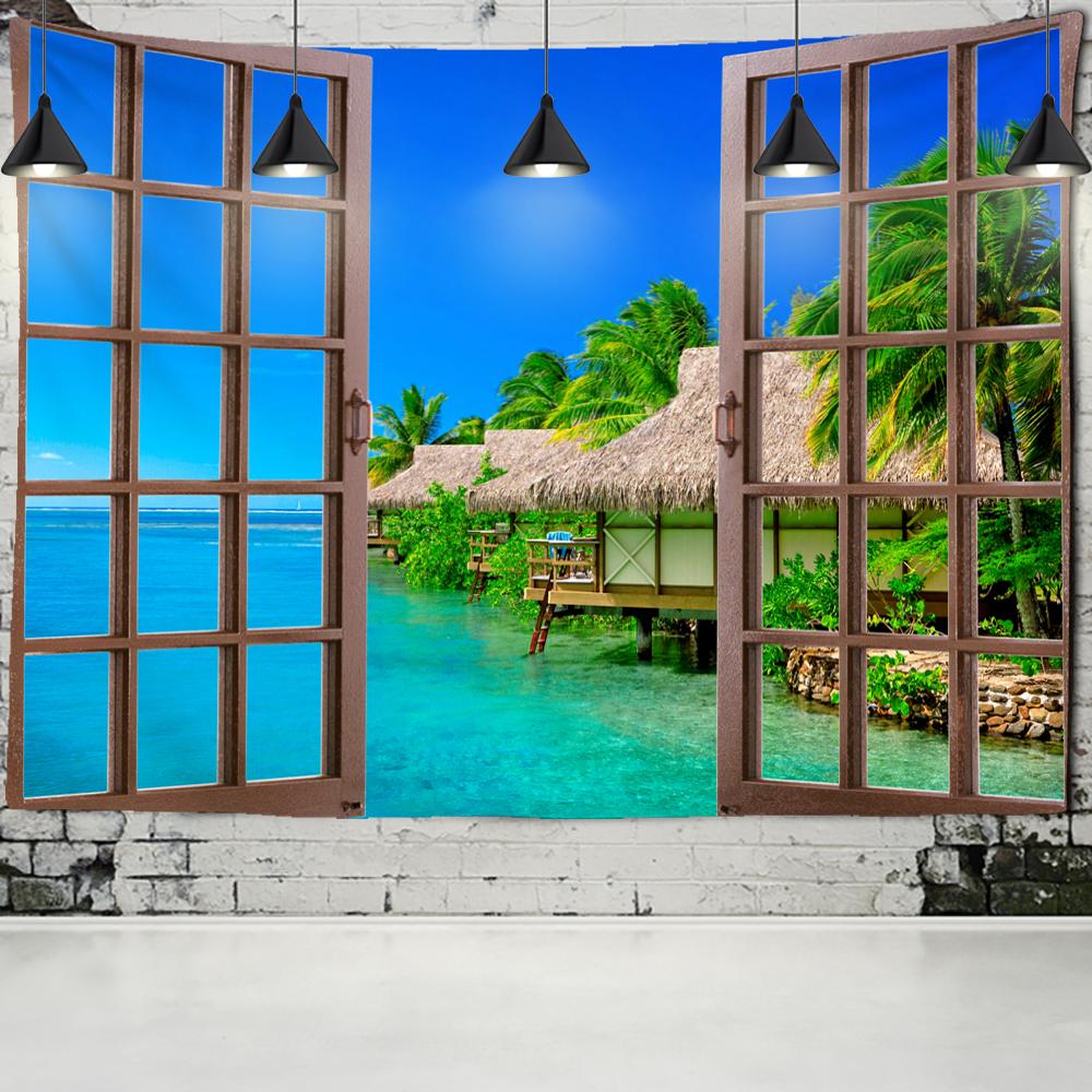 Sea Turtle Window Landscape Tapestry Wall Hanging Bohemian Psychedelic Mystery Imitation Window Home Art Decor