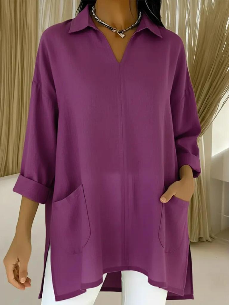2026 Spring European & American Women's Fashion Solid Color Pocket Shirt Collar Loose Top