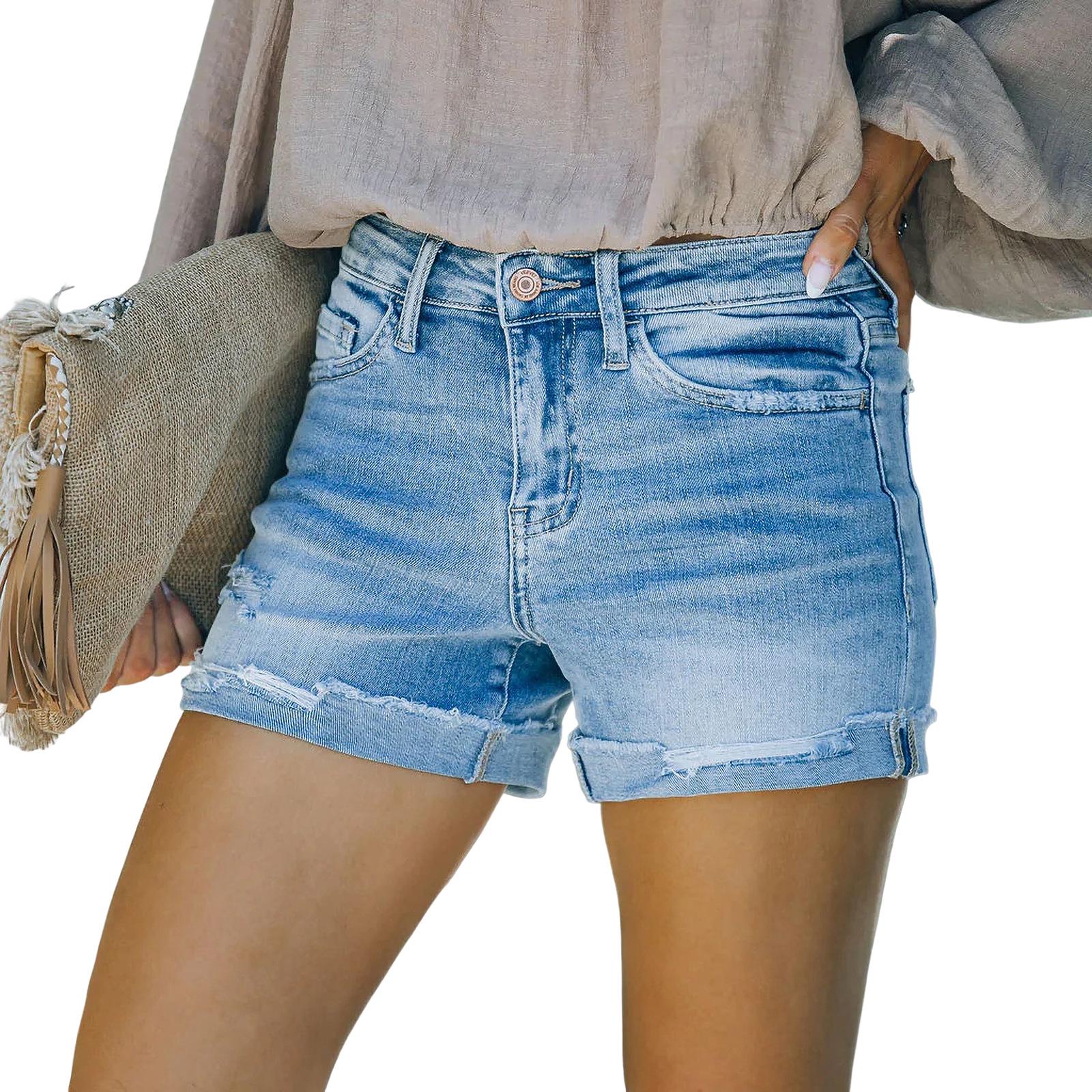 2023 Women s High Elastic Mid-Waist Ripped Denim Shorts XL