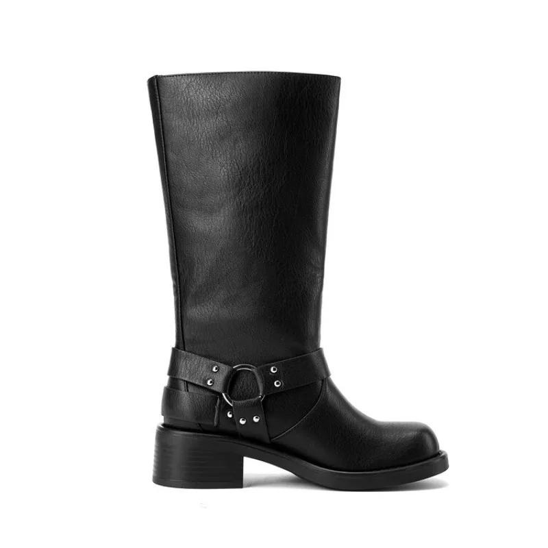 Fashion New Rivet Belt Buckle Black Brown Knee High Boots Autumn Winter Roundhead Punk Style Chelsea Women's Motorcycle Boots Size 36-43